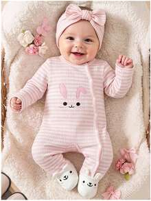 SHEIN Playful Pals 新生兒粉色可愛兔子刺繡長袖連身衣，腳部3D耳朵裝飾，時尚百搭，適合寶寶日常穿著與外出 - 粉色 - 查看 3