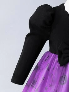 SHEIN 女嬰泡泡褲長袖蝴蝶結愛心網紗洋裝，適合日常穿著、派對，優雅可愛穿搭 - 紫色 - 查看 7