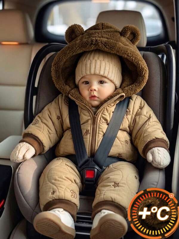 SHEIN 1pc Newborn Baby Boy Jumpsuit Romper Cute Sweet Brown Bear Ear Star Quilted Fuzzy Plush Long Sleeve Hooded Thick Outdoor Fun Winter Christmas Fall Zip