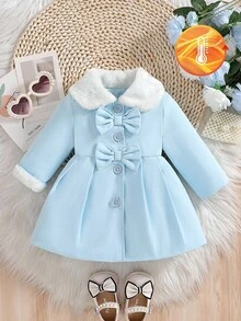 SHEIN 女嬰抓絨內裡羊毛大衣，人造毛領雙蝴蝶結百褶 A 字版型長袖保暖冬季外套 - 薄荷藍 - 查看 4