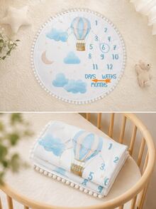 SHEIN Newborn Milestone Blanket For Photo Shooting Baby Boy Girl Moon Balloon Number Printed Monthly Growing Flannel Blanket With Ball Tassel Autumn/Winter - Multicolor - View 6