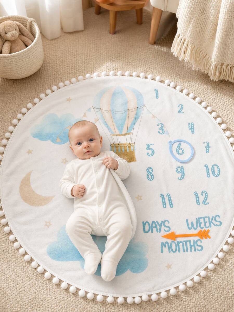 SHEIN Newborn Milestone Blanket For Photo Shooting Baby Boy Girl Moon Balloon Number Printed Monthly Growing Flannel Blanket With Ball Tassel Autumn/Winter - Multicolor - View 1