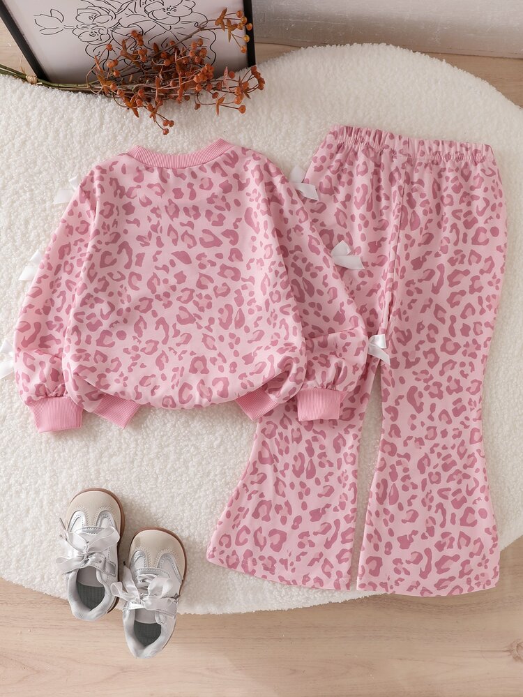 SHEIN Elladie kids Girls 2pcs Set Cheetah Print 3D Bow Cute Sweatshirt With Cheetah Print Pants,New Fall Styles,Suitable For Indoor & Outdoor Wear In Autumn/Winter - Pink - View 2