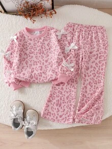 SHEIN Elladie kids Girls 2pcs Set Cheetah Print 3D Bow Cute Sweatshirt With Cheetah Print Pants,New Fall Styles,Suitable For Indoor & Outdoor Wear In Autumn/Winter - Pink - View 7