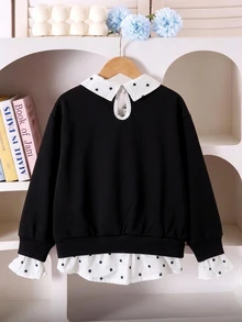 SHEIN Elladie kids 女童 4-7 歲白色泡泡袖上衣 前綁帶鈕扣開襟 優雅時尚 柔軟透氣 秋季生日派對拍照休閒上學穿搭 - 黑色 - 查看 2