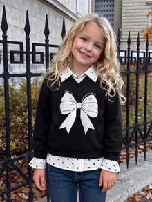 SHEIN Elladie kids 女童 4-7 歲白色泡泡袖上衣 前綁帶鈕扣開襟 優雅時尚 柔軟透氣 秋季生日派對拍照休閒上學穿搭 - 黑色 - 查看 5