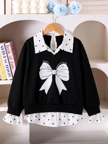 SHEIN Elladie kids 女童 4-7 歲白色泡泡袖上衣 前綁帶鈕扣開襟 優雅時尚 柔軟透氣 秋季生日派對拍照休閒上學穿搭 - 黑色 - 查看 8