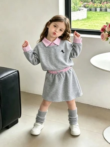2pcs/Set Girls Fashion Minimalist English Letter Fleece Drop Shoulder Loose Sweatshirt & Matching Skirt Set, Korean Style Autumn/Winter Outfit - Light Grey - View 4