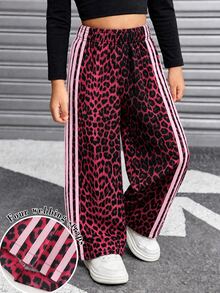 SHEIN Young Girls Leopard Print Patchwork Casual Daily Long Pants - Hot Pink - View 3