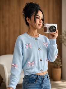 SHEIN Playful Pals 女童柔軟針織蝴蝶結裝飾開襟衫，舒適輕盈鈕扣前襟毛衣，可愛馬卡龍色系，適合兒童與青少年，柔軟舒適保暖 - 淺藍色 - 查看 6