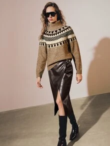 MOTF PREMIUM PU LONG SKIRT WITH SLIT AND OVERLAY - Coffee Brown - View 5