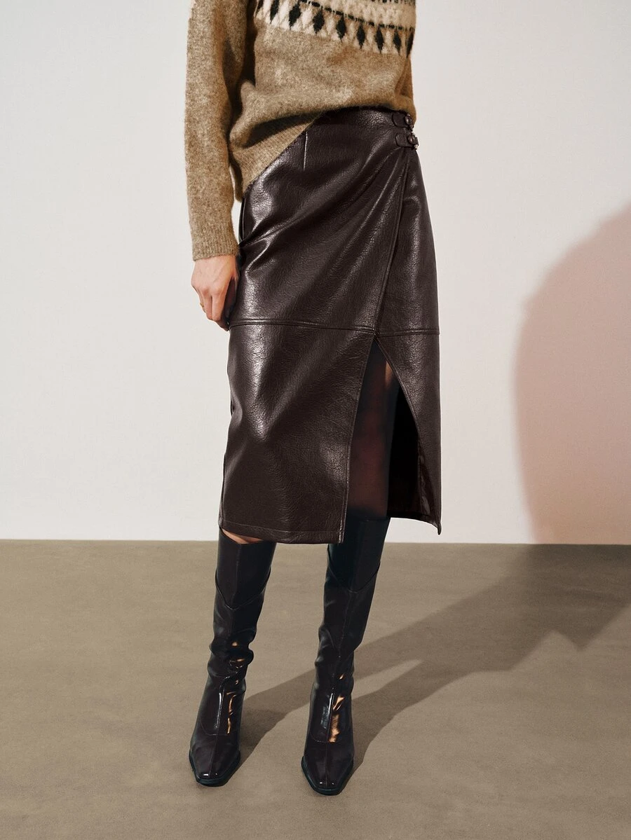 MOTF PREMIUM PU LONG SKIRT WITH SLIT AND OVERLAY - Coffee Brown - View 2