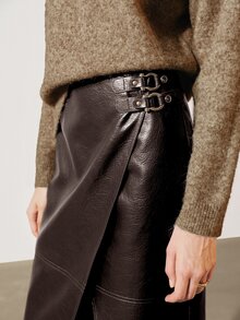 MOTF PREMIUM PU LONG SKIRT WITH SLIT AND OVERLAY - Coffee Brown - View 1
