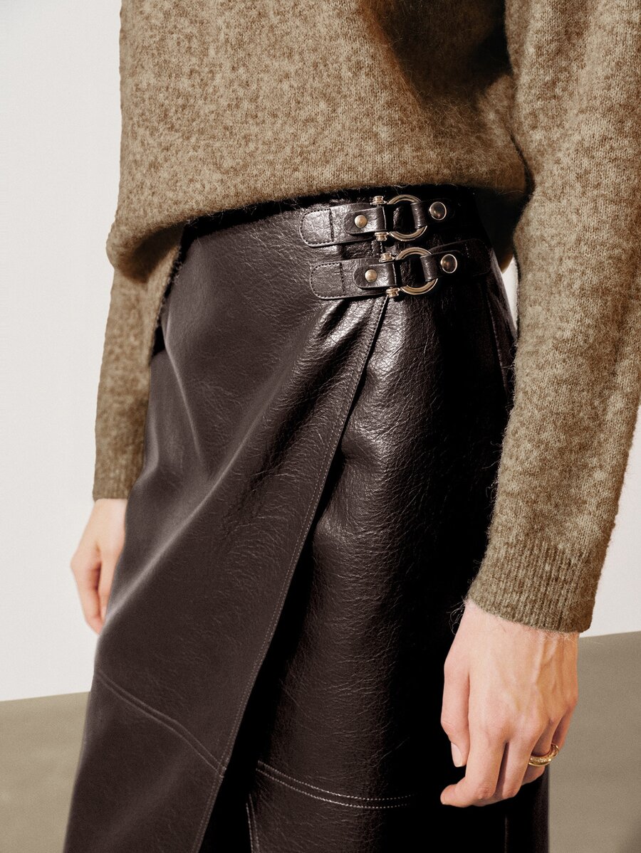 MOTF PREMIUM PU LONG SKIRT WITH SLIT AND OVERLAY - Coffee Brown - View 1