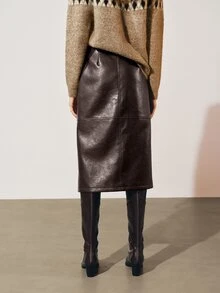 MOTF PREMIUM PU LONG SKIRT WITH SLIT AND OVERLAY - Coffee Brown - View 6