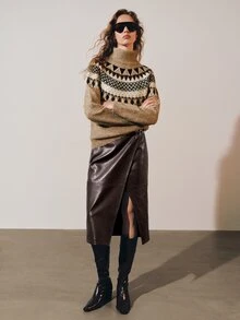 MOTF PREMIUM PU LONG SKIRT WITH SLIT AND OVERLAY - Coffee Brown - View 4