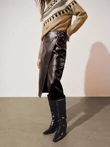 MOTF PREMIUM PU LONG SKIRT WITH SLIT AND OVERLAY - Coffee Brown - View 3