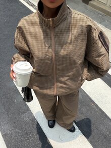 Muchica 棕色格紋兩件式外套與長褲套裝，棕色格紋拼接織帶，編織休閒街頭風 Y2K 套裝，適合派對、日常通勤、聖誕節、新年、感恩節、婚禮、畢業典禮、優雅出遊約會等場合 - 彩色 - 查看 5