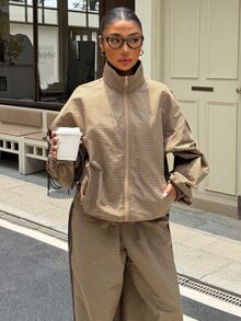 Muchica 棕色格紋兩件式外套與長褲套裝，棕色格紋拼接織帶，編織休閒街頭風 Y2K 套裝，適合派對、日常通勤、聖誕節、新年、感恩節、婚禮、畢業典禮、優雅出遊約會等場合 - 彩色 - 查看 8