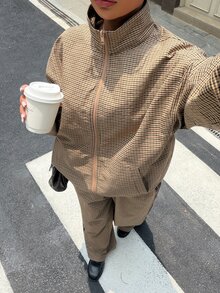 Muchica 棕色格紋兩件式外套與長褲套裝，棕色格紋拼接織帶，編織休閒街頭風 Y2K 套裝，適合派對、日常通勤、聖誕節、新年、感恩節、婚禮、畢業典禮、優雅出遊約會等場合 - 彩色 - 查看 4