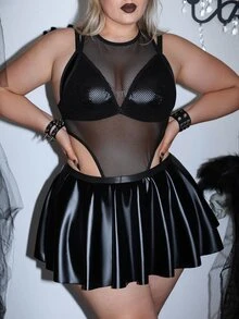 AltCore Plus Size Leather Lingerie + Mesh Jumpsuit + Leather Skirt 3 Pieces Set - Black - View 4