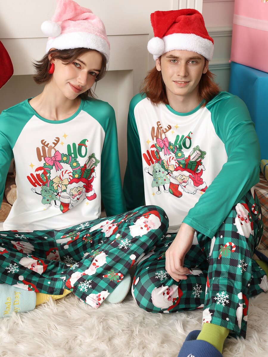 Chillnights Men's Casual Colorblock Santa Claus Plaid & Snowflake Print Raglan Sleeve Crew Neck Comfortable Couple Loungewear Set - Multicolor - View 1