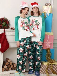 Chillnights Men's Casual Colorblock Santa Claus Plaid & Snowflake Print Raglan Sleeve Crew Neck Comfortable Couple Loungewear Set - Multicolor - View 3