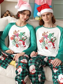 Chillnights Men's Casual Colorblock Santa Claus Plaid & Snowflake Print Raglan Sleeve Crew Neck Comfortable Couple Loungewear Set - Multicolor - View 7