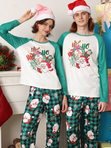 Chillnights Men's Casual Colorblock Santa Claus Plaid & Snowflake Print Raglan Sleeve Crew Neck Comfortable Couple Loungewear Set - Multicolor - View 5