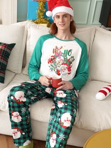 Chillnights Men's Casual Colorblock Santa Claus Plaid & Snowflake Print Raglan Sleeve Crew Neck Comfortable Couple Loungewear Set - Multicolor - View 4