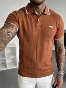 Manfinity Homme 休閒男士字母拼接條紋短袖棕色 Polo 衫 - 棕色 - 查看 4