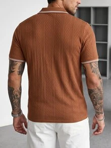 Manfinity Homme 休閒男士字母拼接條紋短袖棕色 Polo 衫 - 棕色 - 查看 2