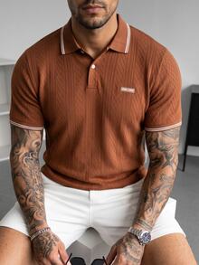 Manfinity Homme 休閒男士字母拼接條紋短袖棕色 Polo 衫 - 棕色 - 查看 7
