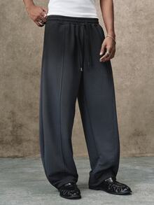 PAVTROS Men's Gradient Washed Minimalist Structural Patchwork Wide Leg Sweatpants, Elastic Waist Drawstring Sports Pants, Practical Pocket Pants, Vintage Washed Style, Minimalist Cleanfit Relaxed High Street Style, Holiday Gift - Grey - View 3