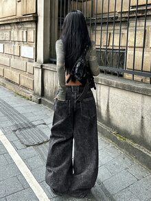 StreetHx 女款休閒 Y2K 街頭風水洗彎腿牛仔長褲，日常外出穿著，黑色，夏季 - 黑色 - 查看 2