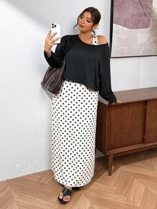 SHEIN Frenchy 大尺碼女款波點洋裝與純色上衣兩件套 優雅辦公商務工作套裝 秋冬優雅派對洋裝套裝 - 彩色 - 查看 4