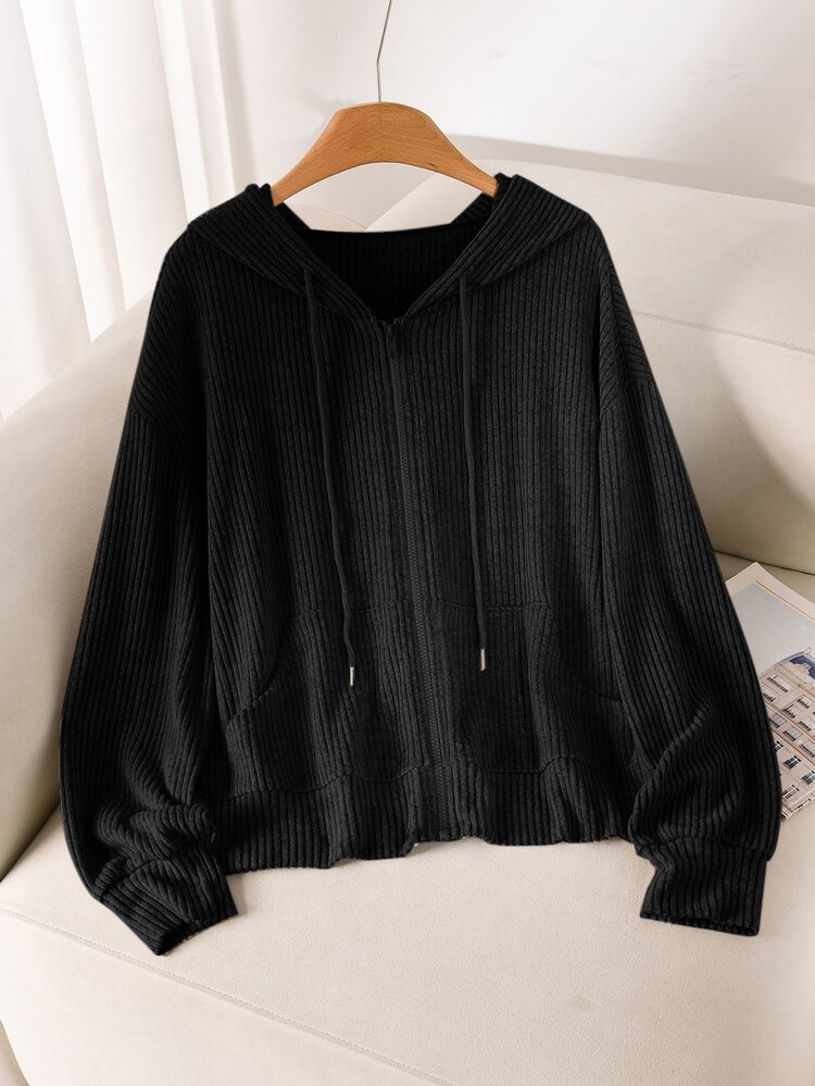 CosyJoli Plus Size Women's Apricot Hooded Sweatshirt, Casual Women's Top, Zip-Up Hooded Sweatshirt, Casual Women's Clothing, Autumn Sweatshirt Jacket, Women's Sweatshirt, Casual Women's Clothing Suitable For Aunt's Outings - Black - View 4