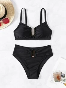 Swim Chiccia 2026春夏女款黑色粗肩帶可調節純色金色U型裝飾高衩比基尼泳褲兩件式泳衣套裝 - 黑色 - 查看 5