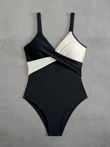 SHEIN Swim 1件条纹特殊面料交叉前开襟连体泳衣 - 黑與白 - 查看 4