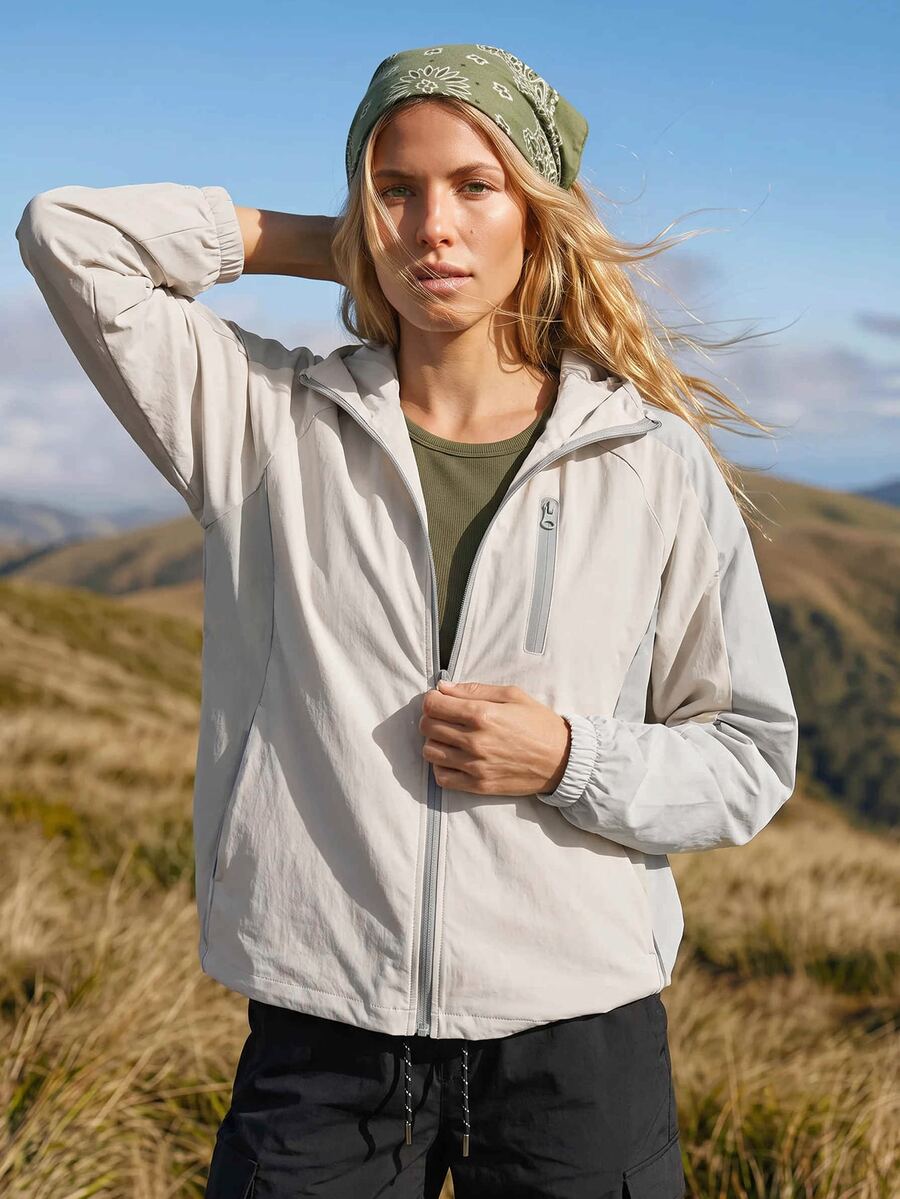 WanderVale Women's Solid Color Long Sleeve Zip-Up Hooded Outdoor Softshell Jacket - Light Grey - View 1