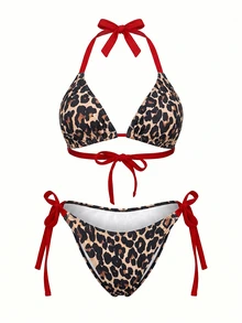 SHEIN Swim 经典豹纹大码女式性感挂脖比基尼套装 - 紅色 - 查看 6