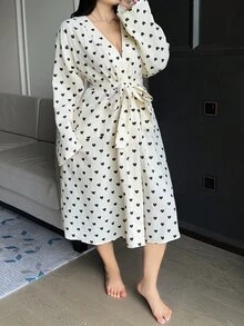 Dazy Plus Heart Print All-Over Floral Casual Loose Long Sleeve Tie-Front Long Robe Apricot Spring Summer Autumn Loungewear - Apricot - View 7