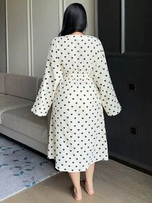 Dazy Plus Heart Print All-Over Floral Casual Loose Long Sleeve Tie-Front Long Robe Apricot Spring Summer Autumn Loungewear - Apricot - View 5