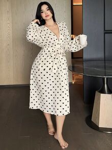 Dazy Plus Heart Print All-Over Floral Casual Loose Long Sleeve Tie-Front Long Robe Apricot Spring Summer Autumn Loungewear - Apricot - View 10
