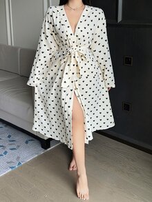 Dazy Plus Heart Print All-Over Floral Casual Loose Long Sleeve Tie-Front Long Robe Apricot Spring Summer Autumn Loungewear - Apricot - View 6
