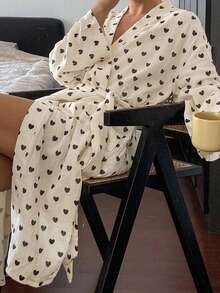 Dazy Plus Heart Print All-Over Floral Casual Loose Long Sleeve Tie-Front Long Robe Apricot Spring Summer Autumn Loungewear - Apricot - View 1