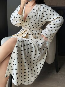 Dazy Plus Heart Print All-Over Floral Casual Loose Long Sleeve Tie-Front Long Robe Apricot Spring Summer Autumn Loungewear - Apricot - View 4