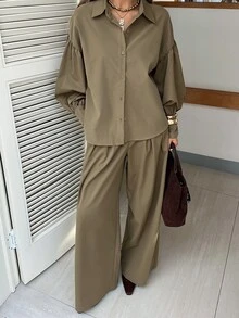 DAZY Women's Autumn Casual Shirt And Pants 2 Pieces Set - Army Green - View 3