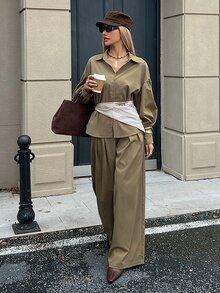 DAZY Women's Autumn Casual Shirt And Pants 2 Pieces Set - Army Green - View 5