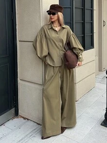 DAZY Women's Autumn Casual Shirt And Pants 2 Pieces Set - Army Green - View 7